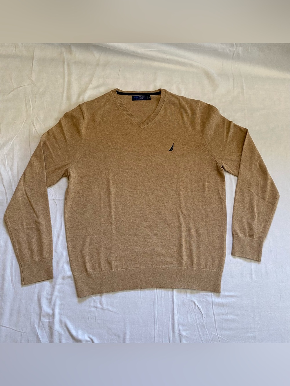 Nautica Men's V-Neck Sweater in Camel Tan with Navy Logo